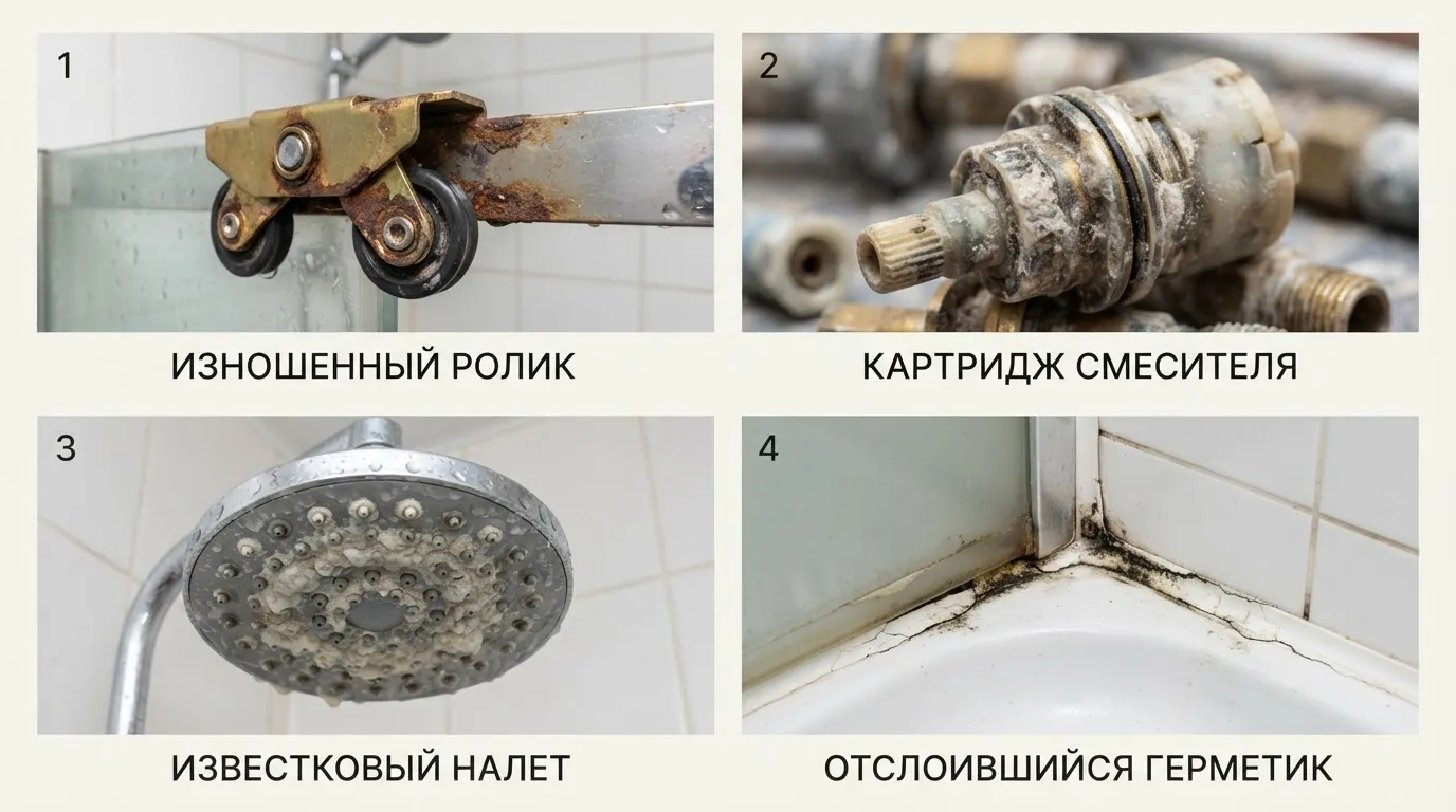 Типовые неисправности душевой кабины: изношенный ролик, картридж смесителя, налет в лейке, отслоившийся герметик