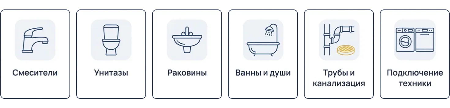 Шесть направлений сантехнических работ: смесители, унитазы, раковины, ванны и душевые, трубы и канализация, подключение техники