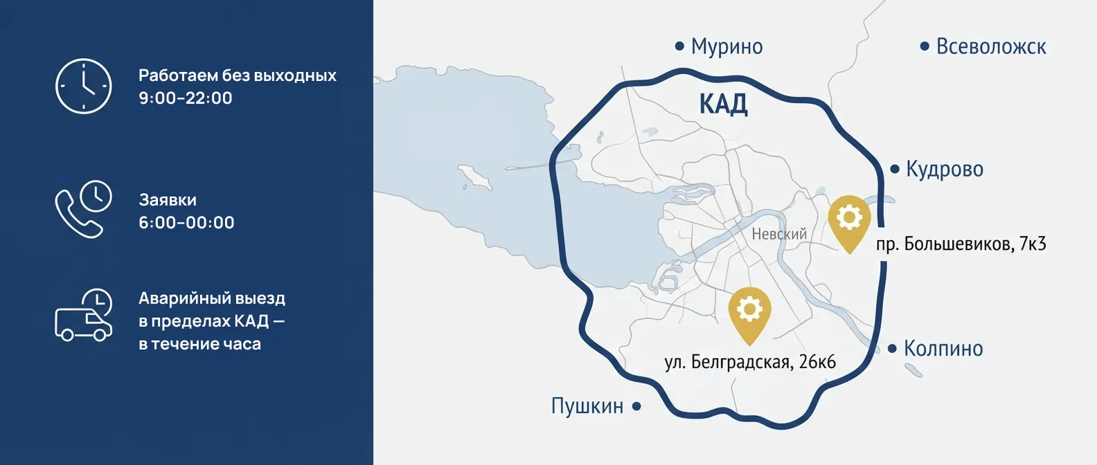 Зона выезда сантехника: все районы Санкт-Петербурга в пределах КАД и пригороды Кудрово, Мурино, Колпино, Пушкин, Всеволожск