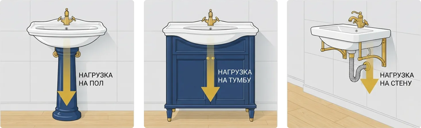 Три способа установки раковины: на пьедестале, на тумбе и подвесная на кронштейнах